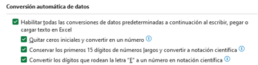 Excel configurar datos y conversión automática 3 Opciones de Excel datos