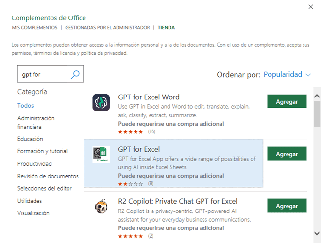 Chat GPT for Excel en el programa Excel