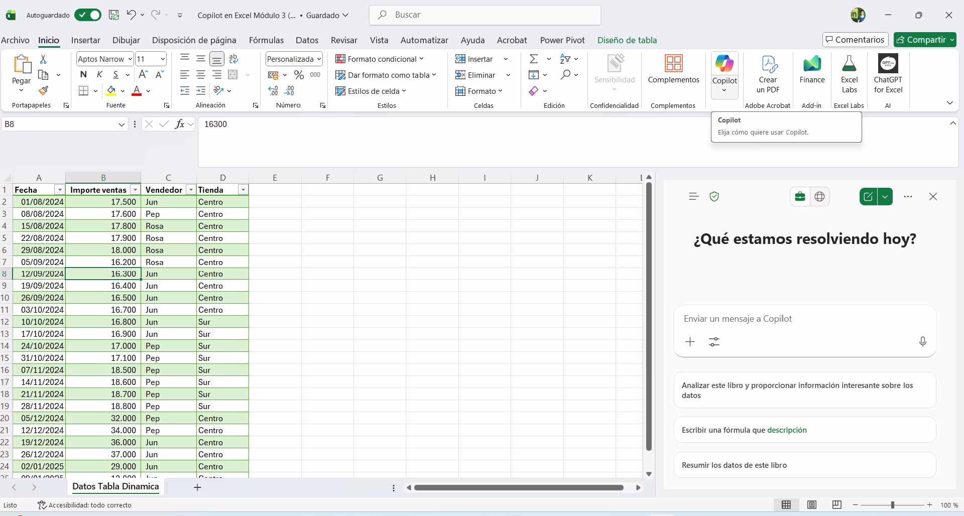 Copilot en Excel: Guía básica 3 Copilot en Excel pantalla